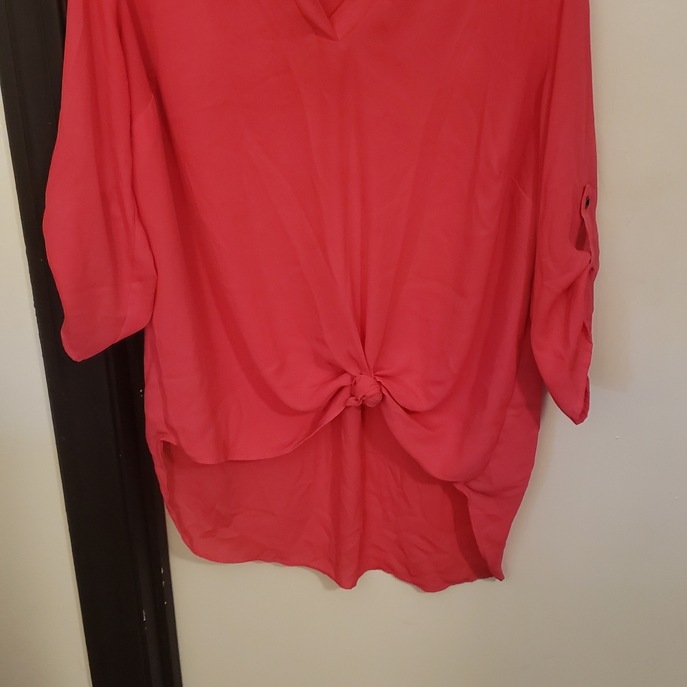 Chaus Coral V-Neck Blouse with Knot Detail